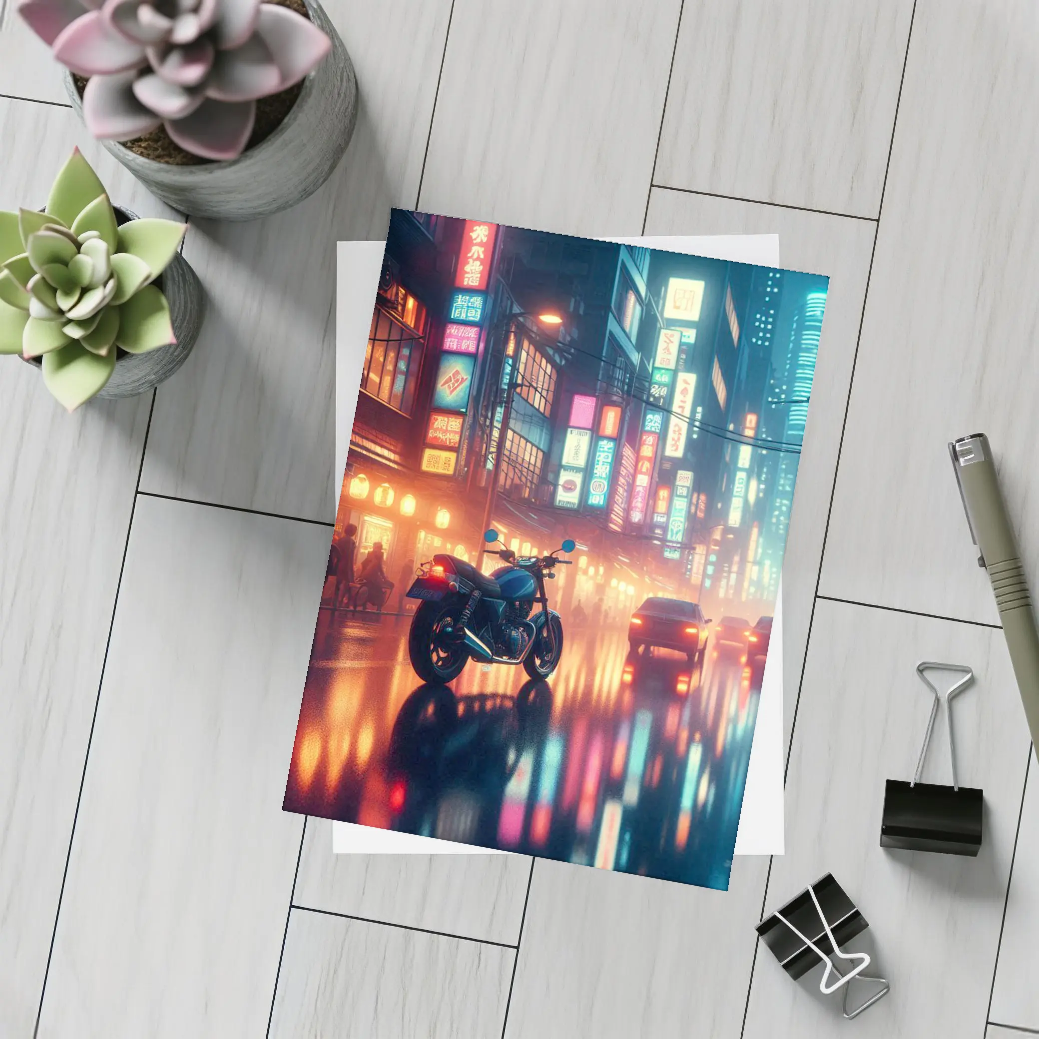 Cafe Racer Motorcycle Neon City Night Rain – Postcards