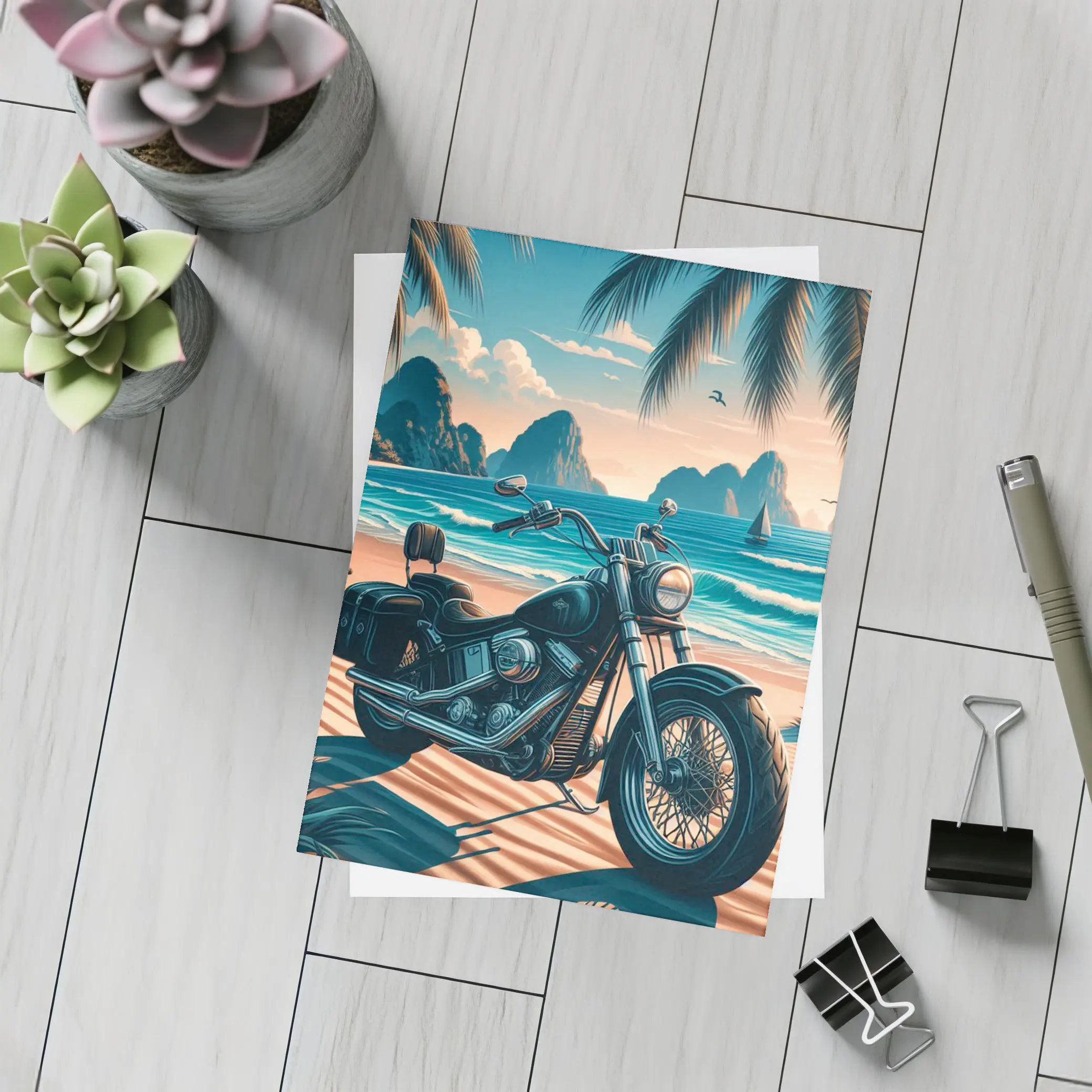 Harley Davidson Cruiser Motorcycle Tropical Beach – Postcards