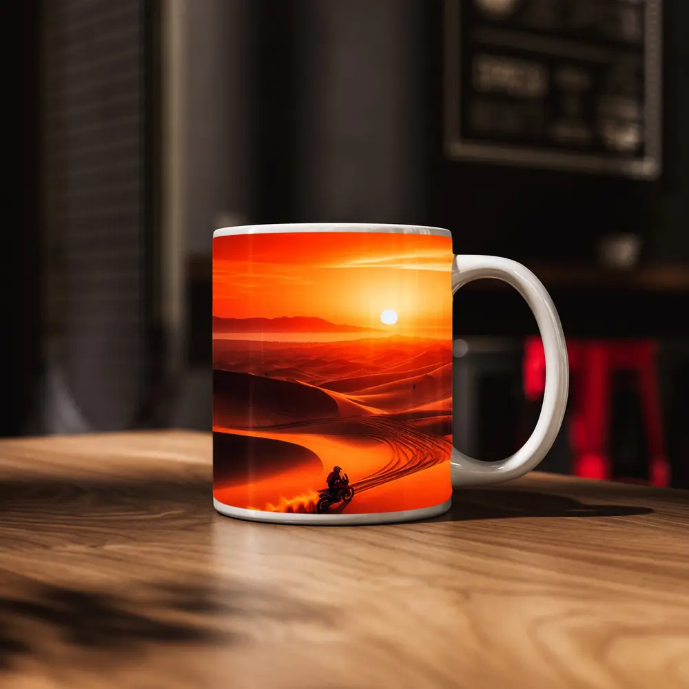 Adventure Motorcycle Rider Desert Sunset Dunes – Mugs