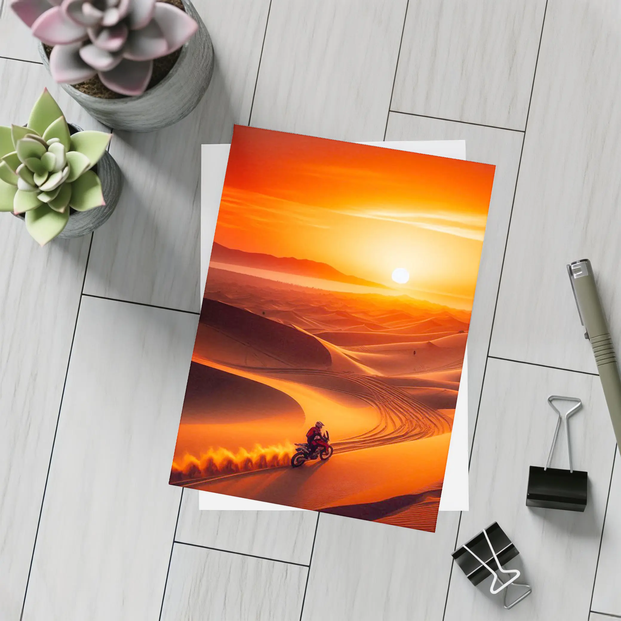 Adventure Motorcycle Rider Desert Sunset Dunes – Postcards