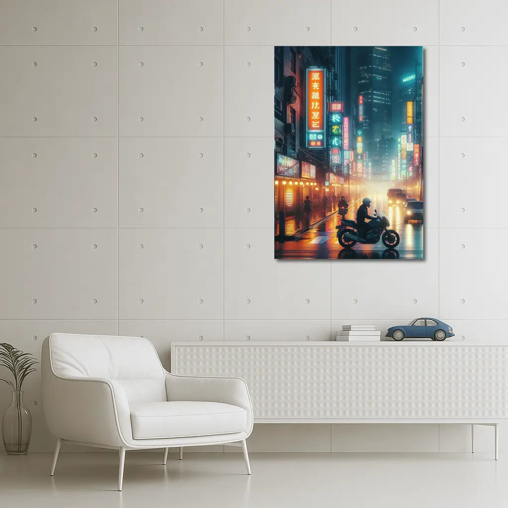 Neon City Street Rainy Night Motorcycle – Wall Art