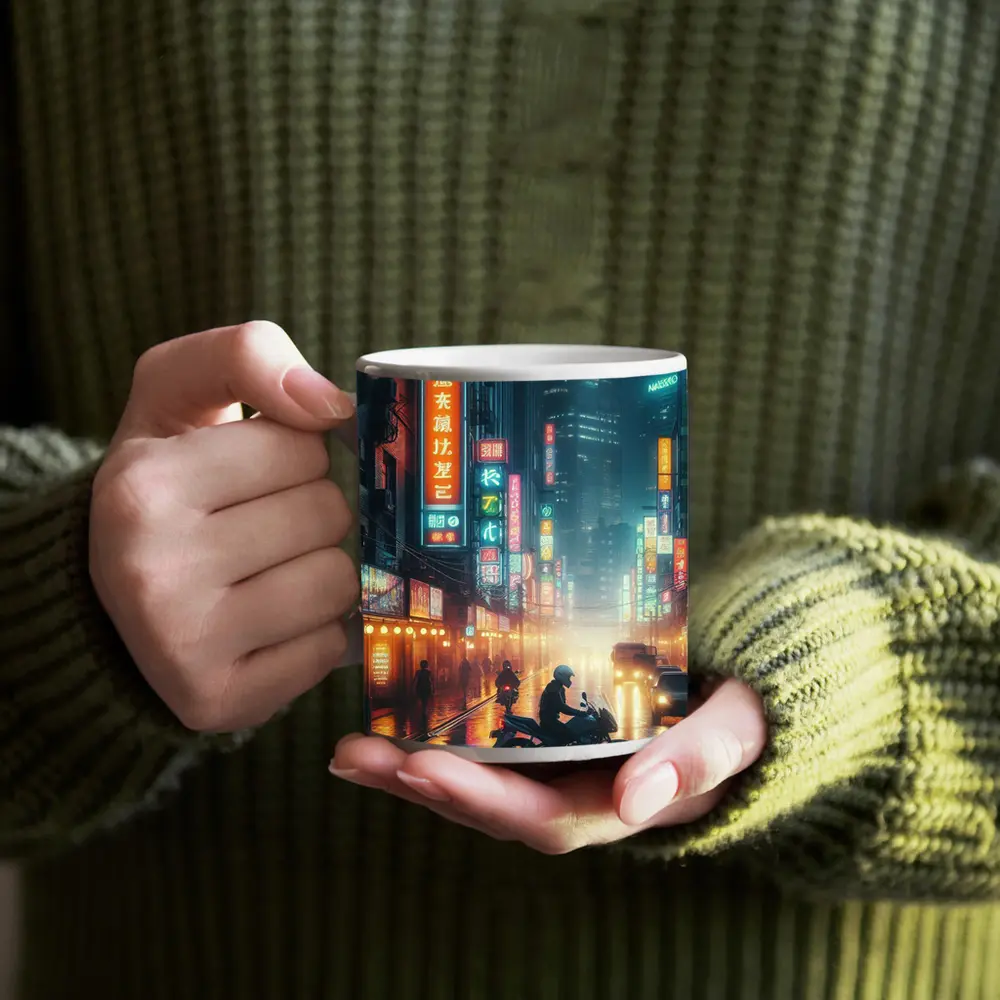 Neon City Street Rainy Night Motorcycle – Mugs