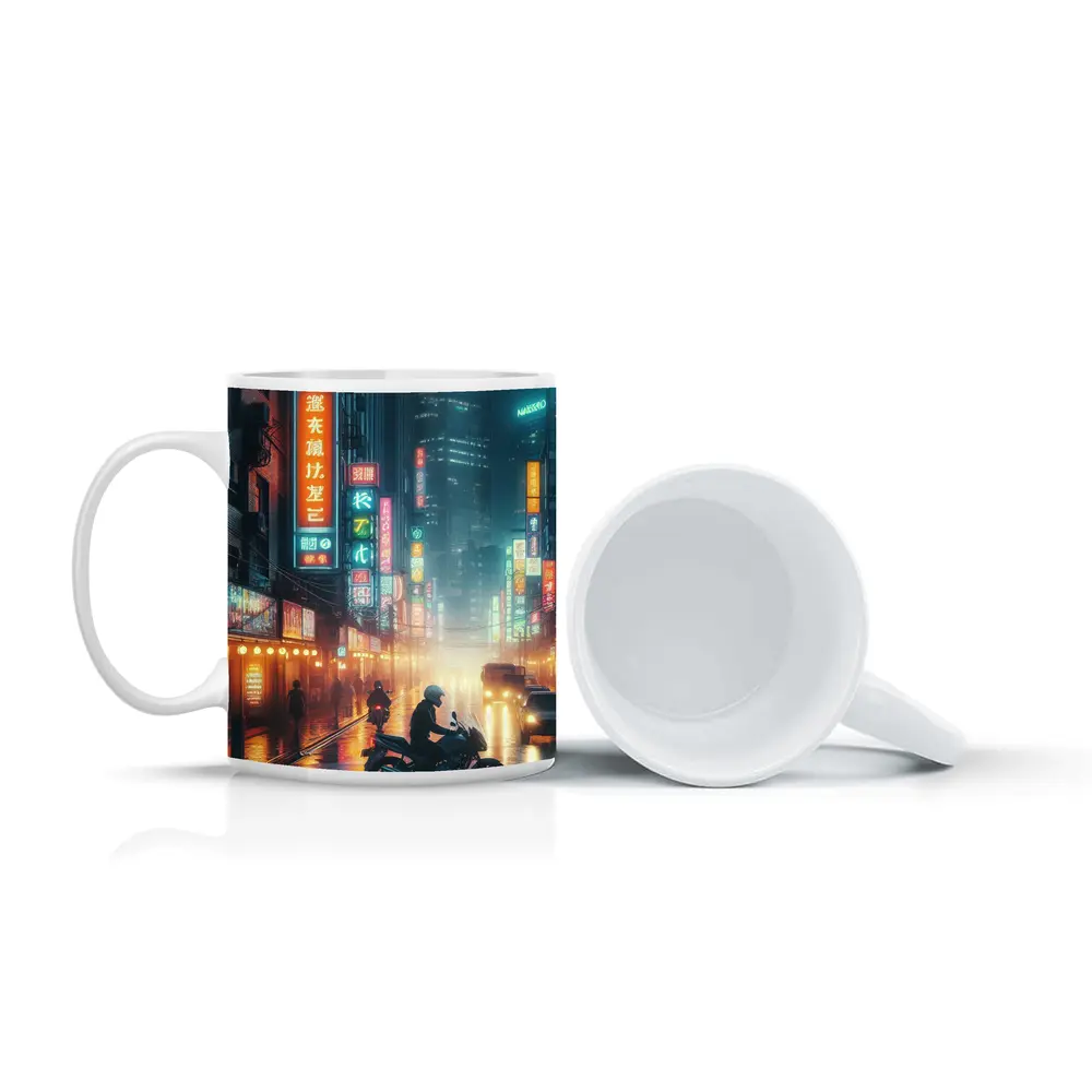 Neon City Street Rainy Night Motorcycle – Mugs
