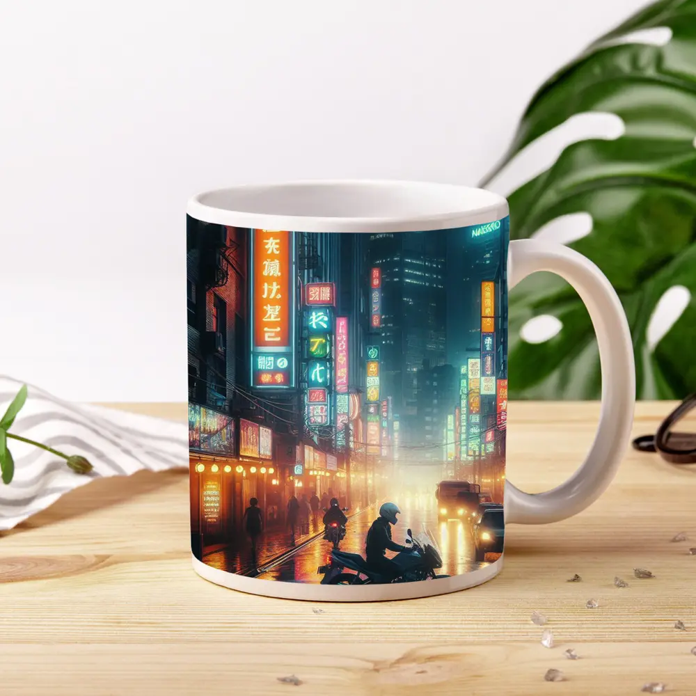 Neon City Street Rainy Night Motorcycle – Mugs