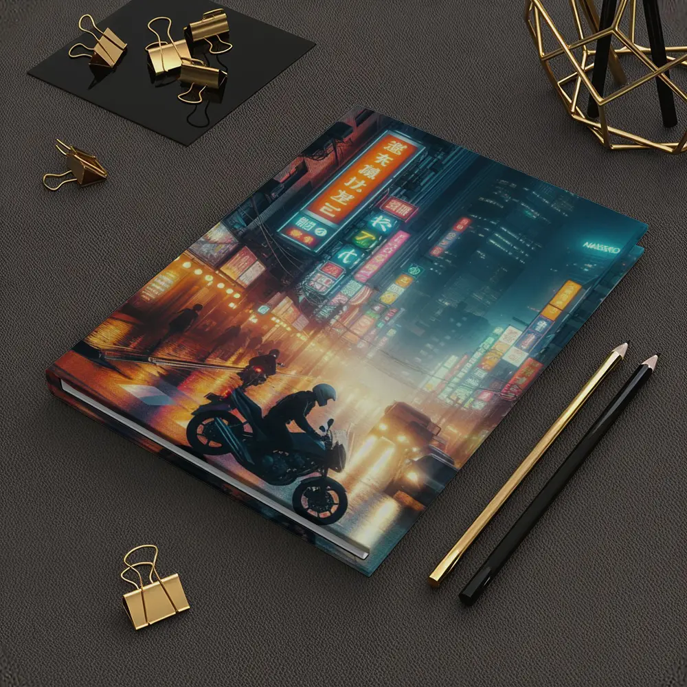 Neon City Street Rainy Night Motorcycle – Notebooks
