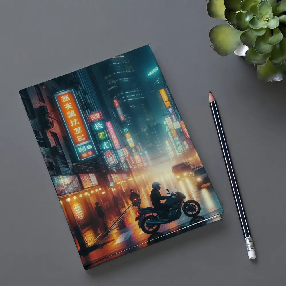 Neon City Street Rainy Night Motorcycle – Notebooks