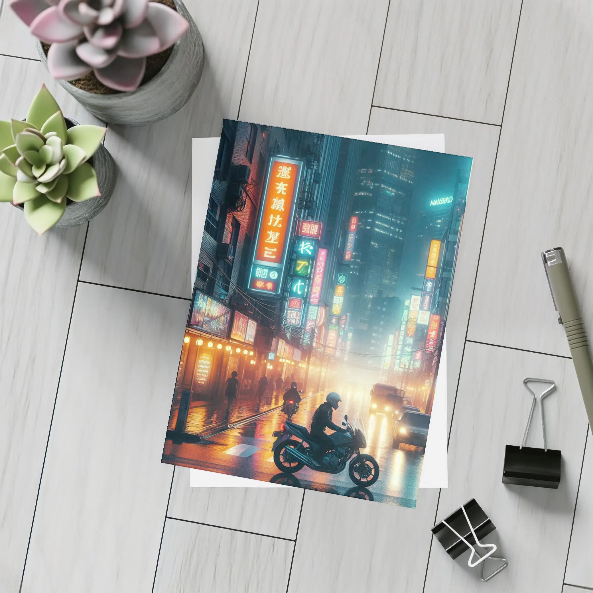 Neon City Street Rainy Night Motorcycle – Postcards