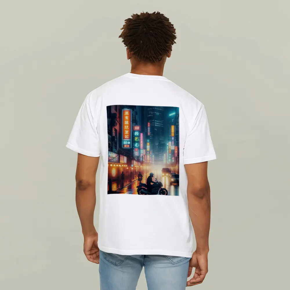 Neon City Street Rainy Night Motorcycle – T-Shirts