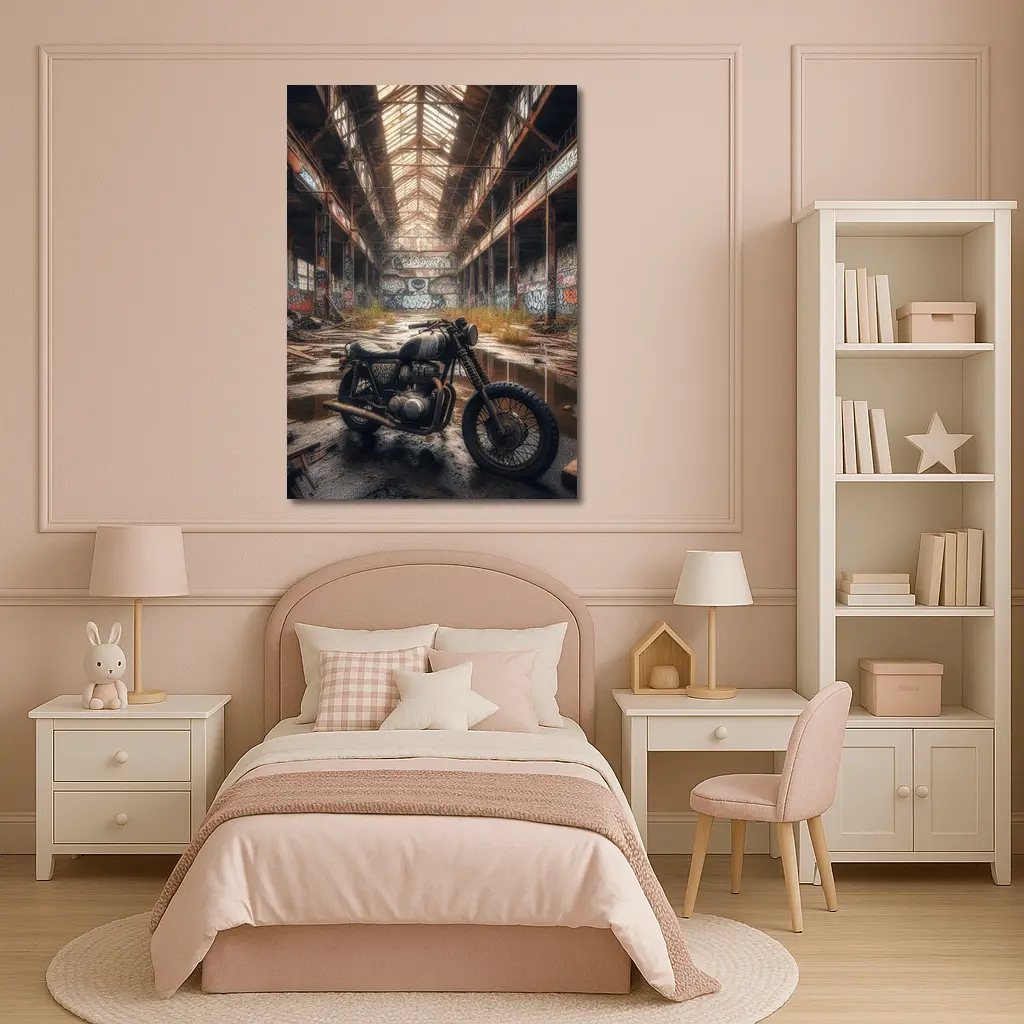 Cafe Racer Motorcycle Abandoned Industrial Warehouse – Wall Art