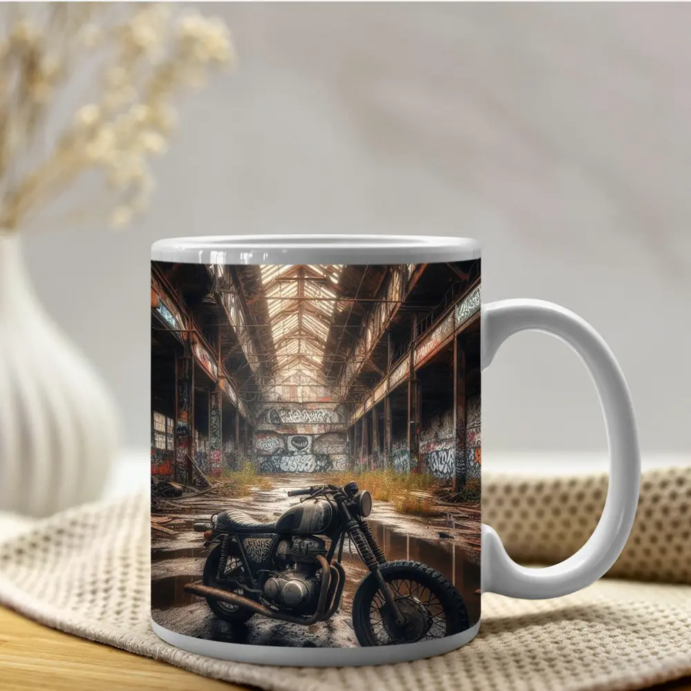 Cafe Racer Motorcycle Abandoned Industrial Warehouse – Mugs