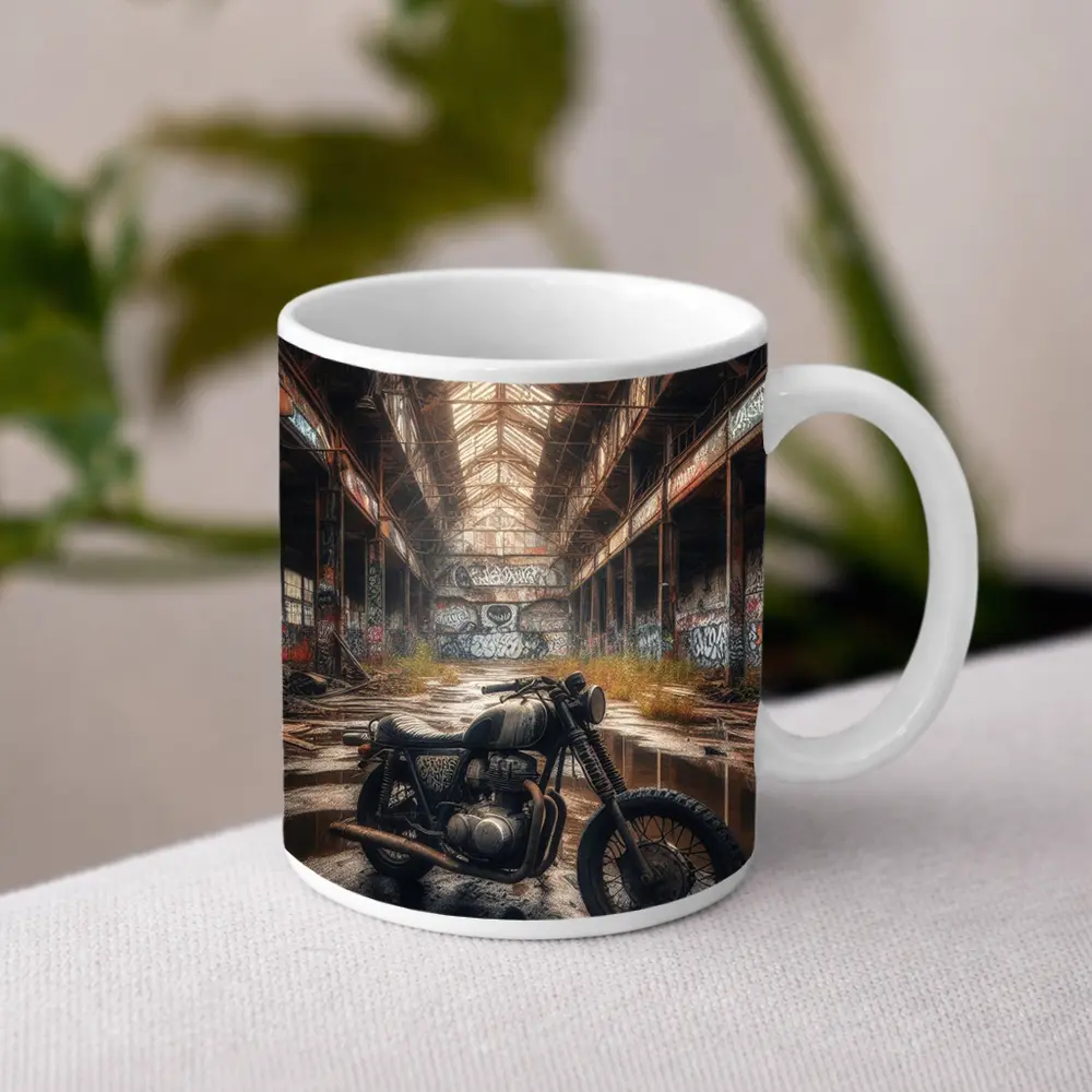 Cafe Racer Motorcycle Abandoned Industrial Warehouse – Mugs