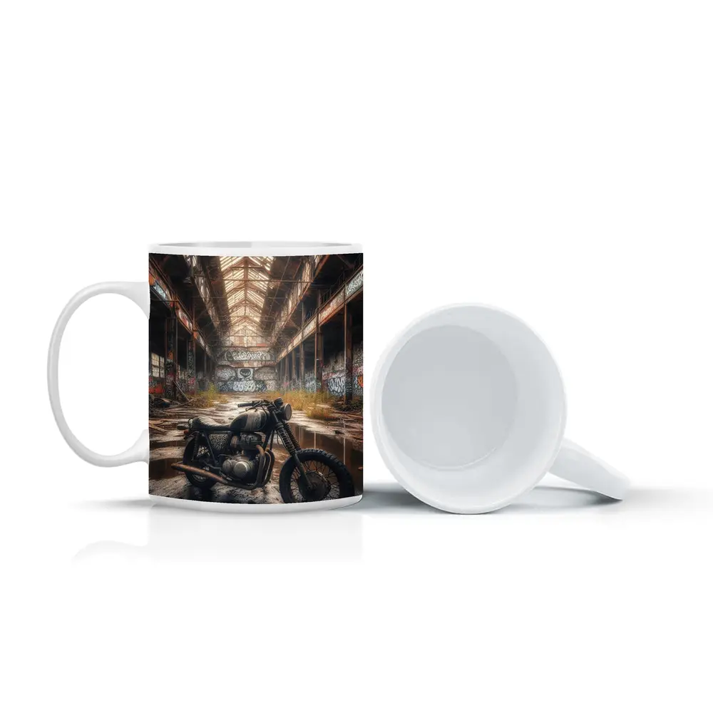 Cafe Racer Motorcycle Abandoned Industrial Warehouse – Mugs