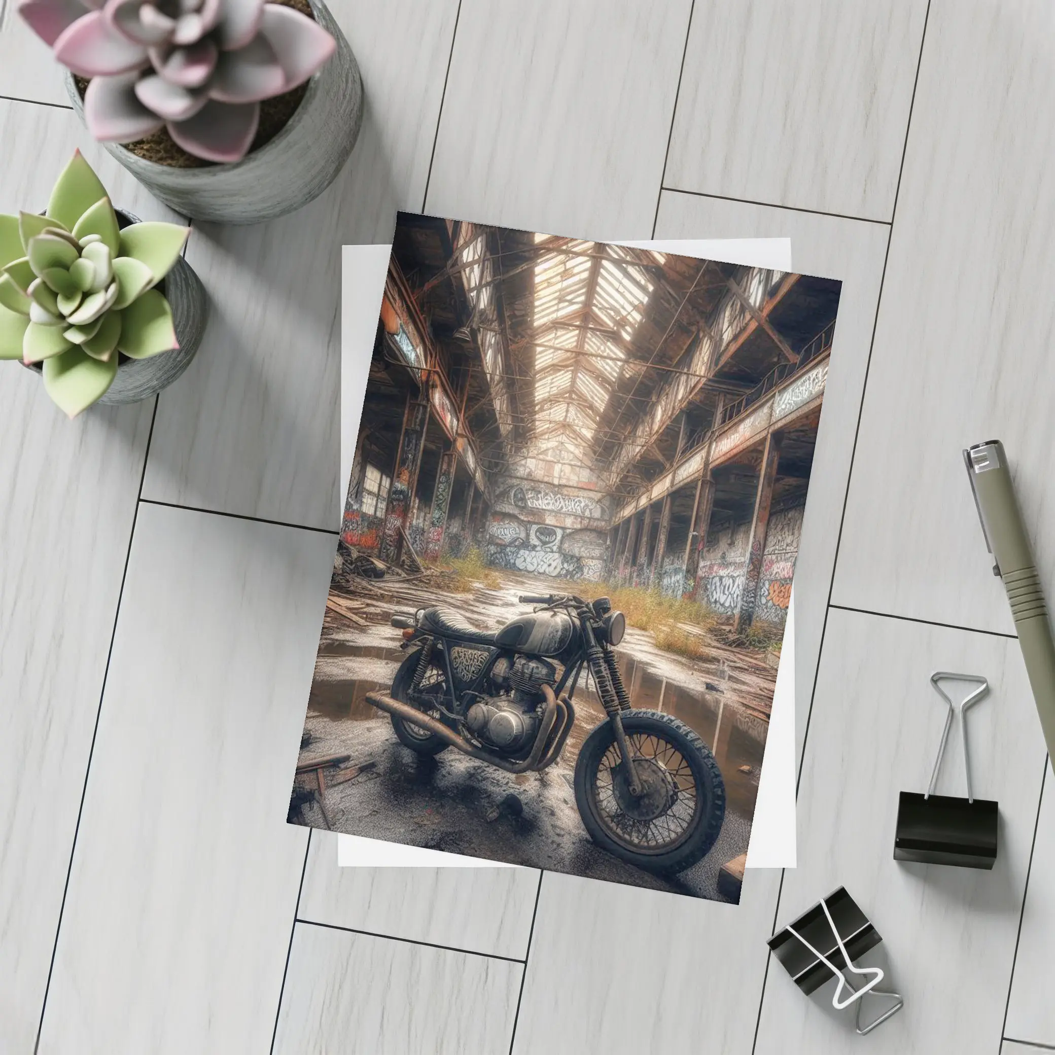 Cafe Racer Motorcycle Abandoned Industrial Warehouse – Postcards