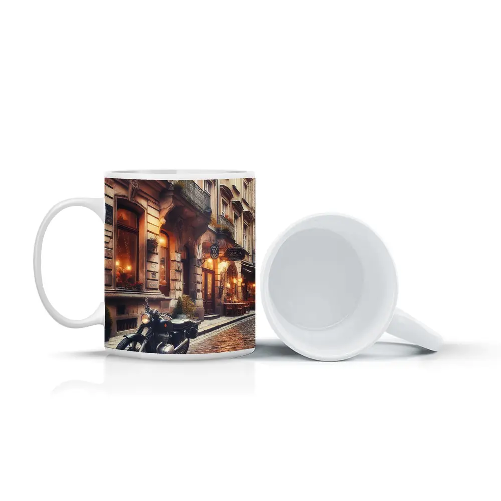 Cafe Racer Motorcycle Cobblestone European Street – Mugs