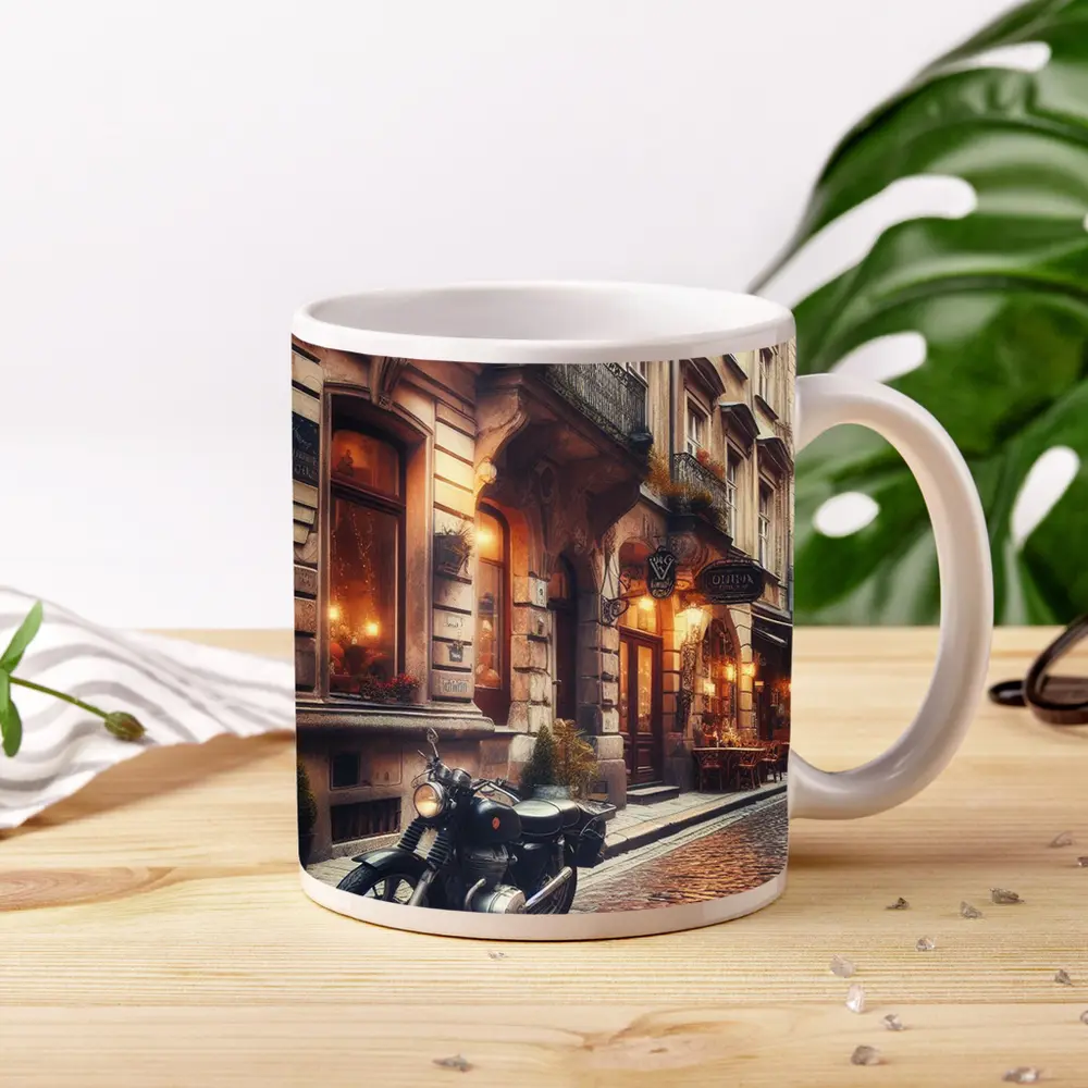 Cafe Racer Motorcycle Cobblestone European Street – Mugs