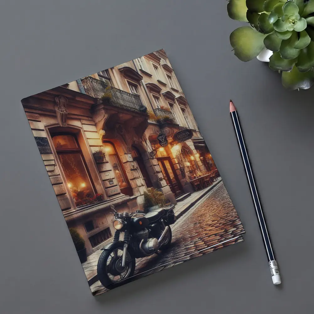 Cafe Racer Motorcycle Cobblestone European Street – Notebooks