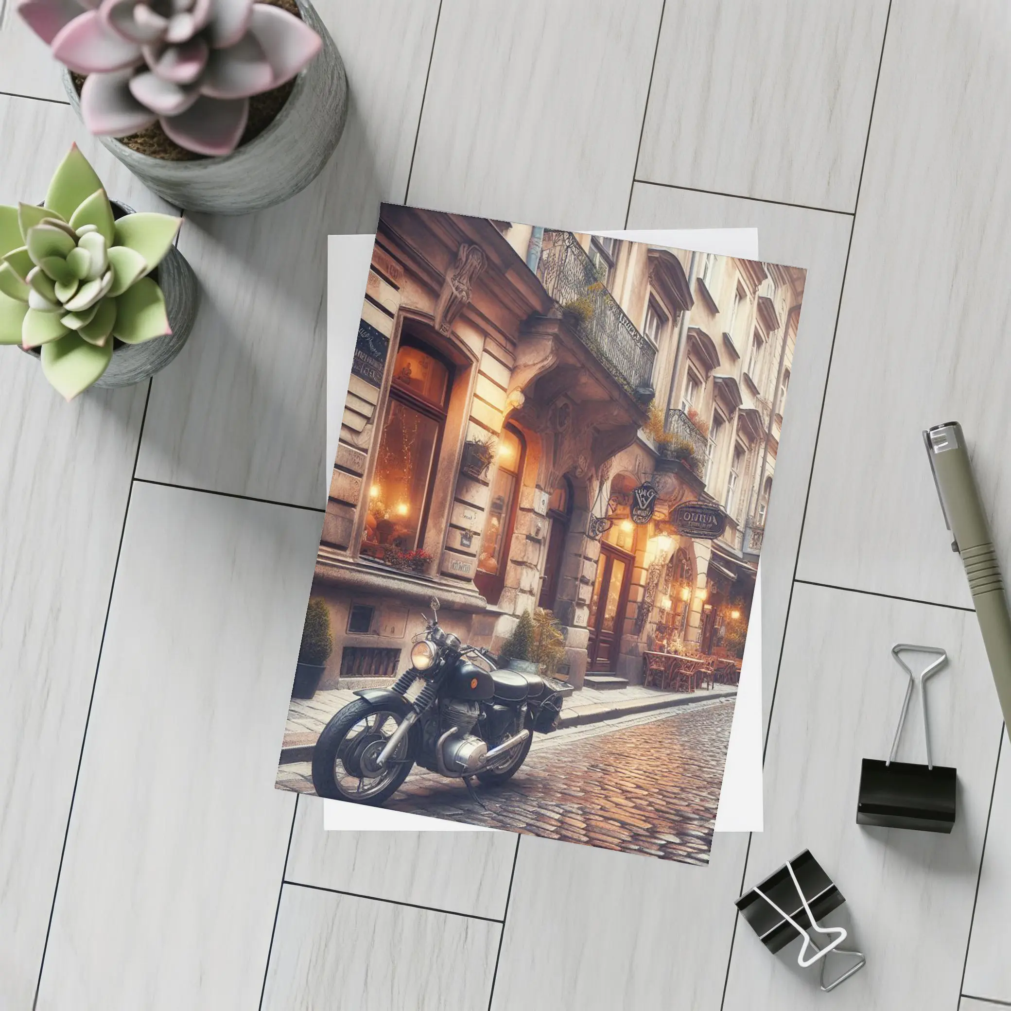 Cafe Racer Motorcycle Cobblestone European Street – Postcards