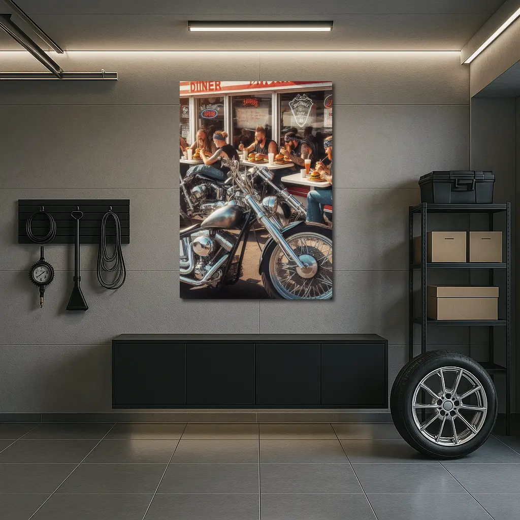 Harley Davidson Choppers Parked Outside Diner – Wall Art