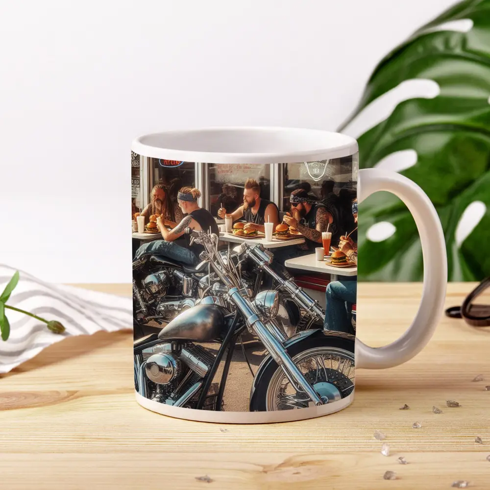 Harley Davidson Choppers Parked Outside Diner – Mugs