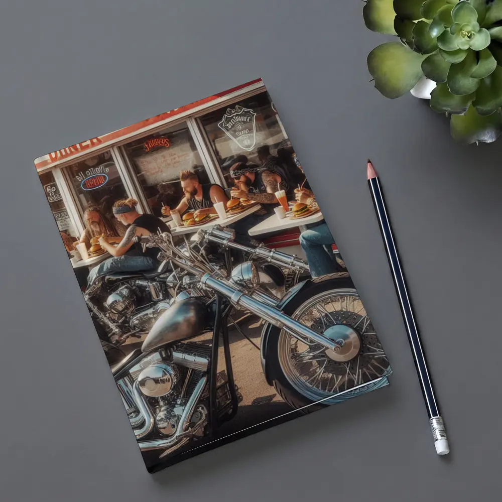 Harley Davidson Choppers Parked Outside Diner – Notebooks
