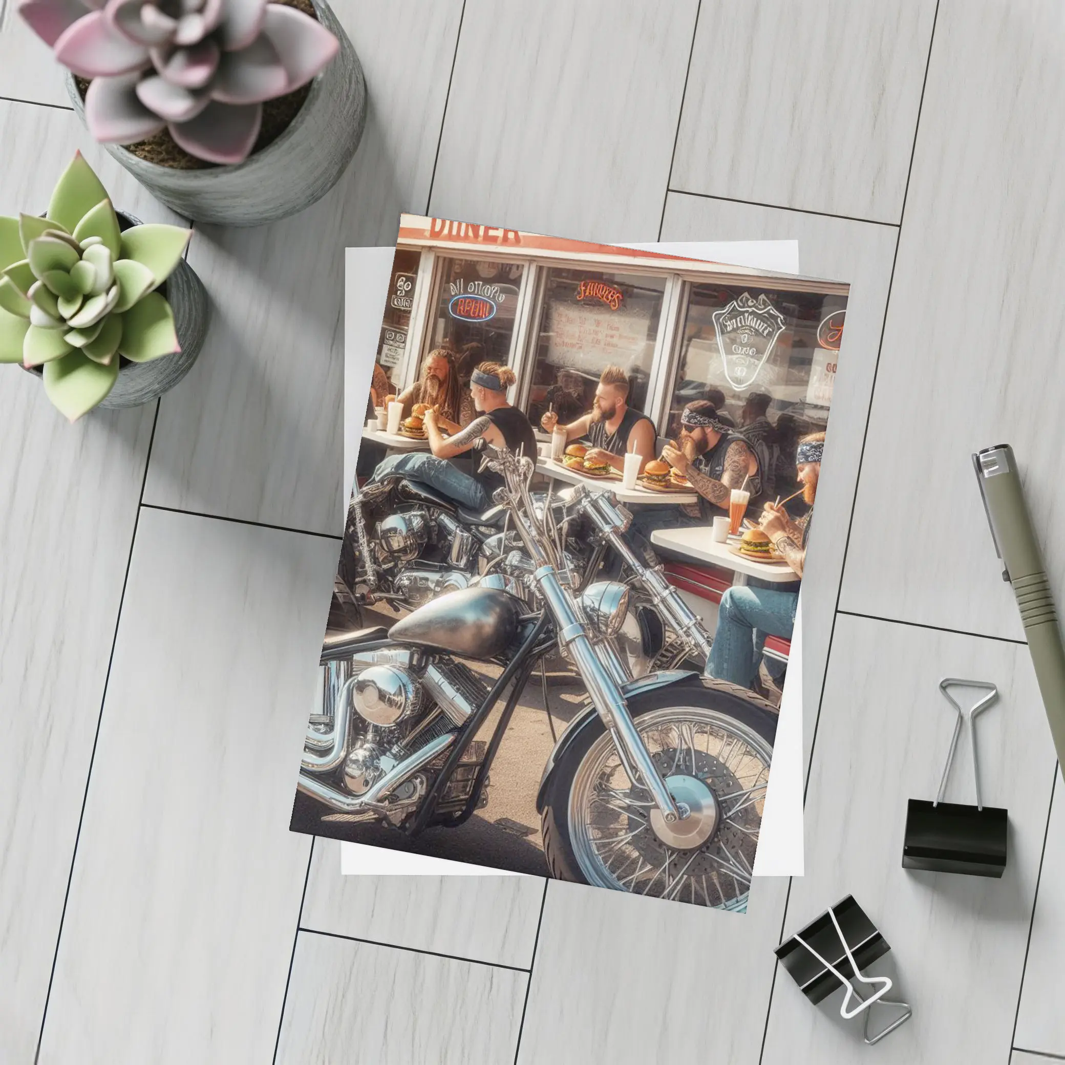 Harley Davidson Choppers Parked Outside Diner – Postcards