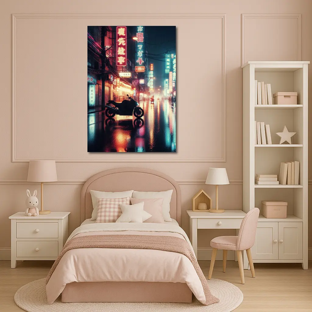 Motorcycle Parked Rainy Asian Neon City Street – Wall Art