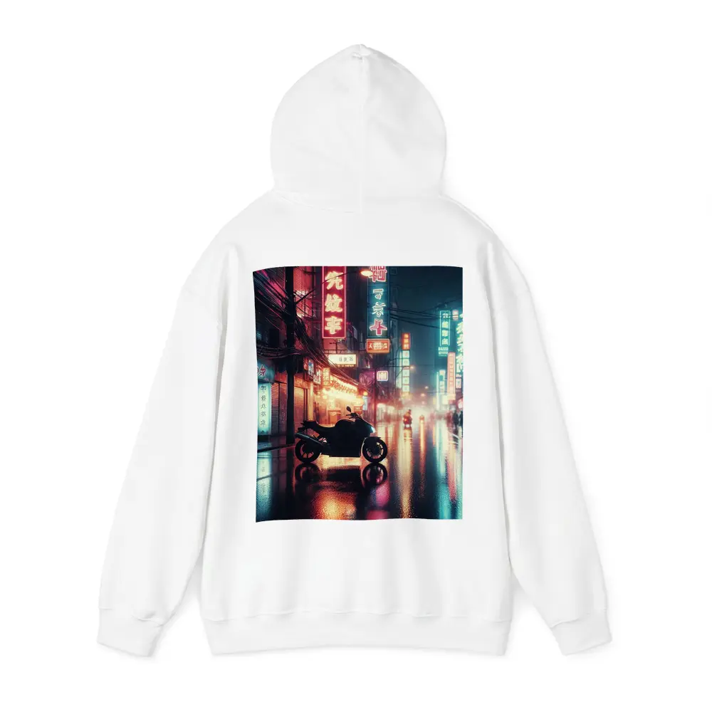 Motorcycle Parked Rainy Asian Neon City Street – Hoodies