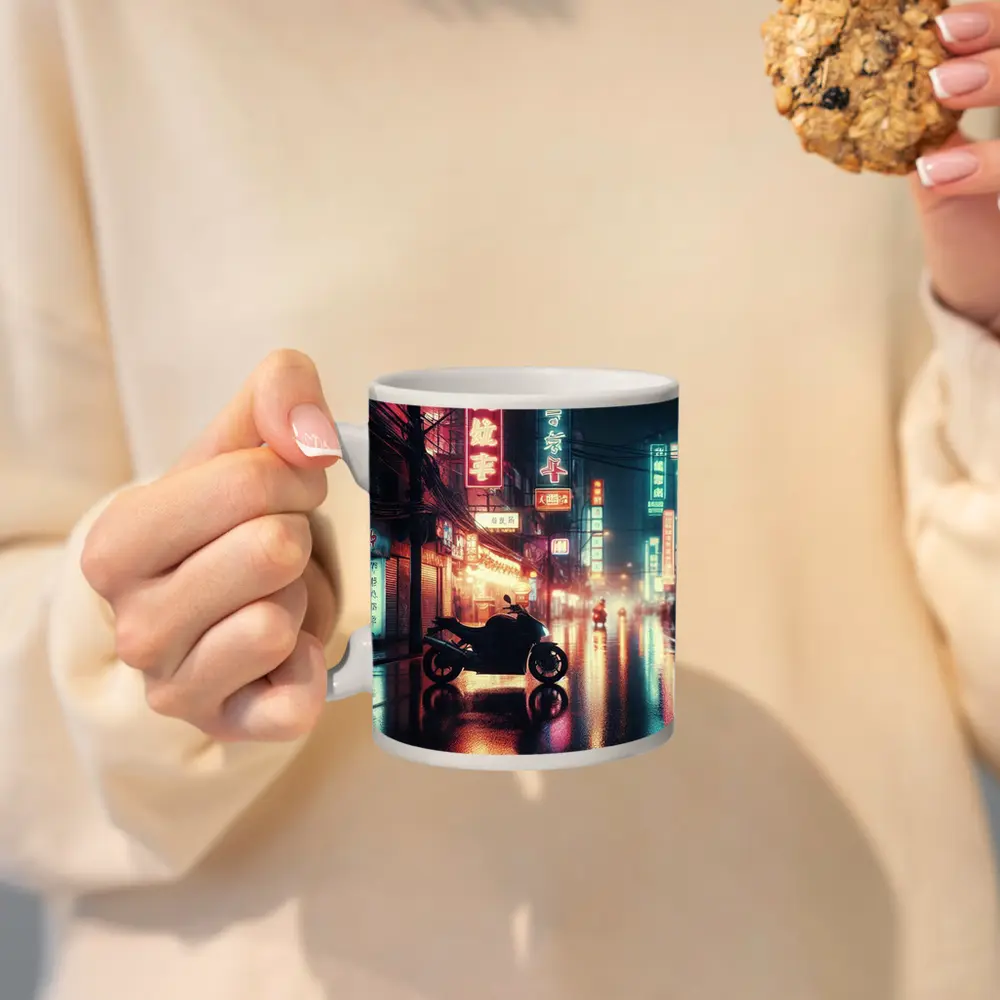 Motorcycle Parked Rainy Asian Neon City Street – Mugs