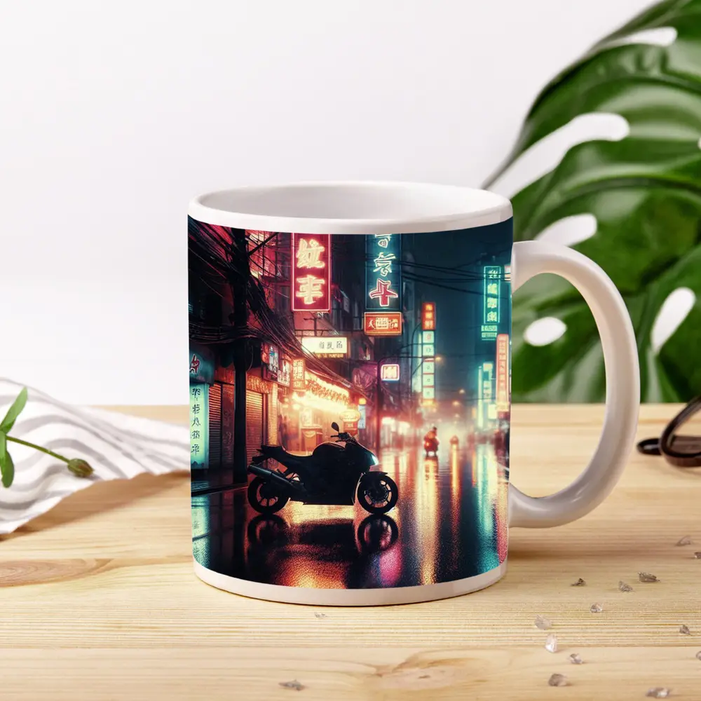 Motorcycle Parked Rainy Asian Neon City Street – Mugs