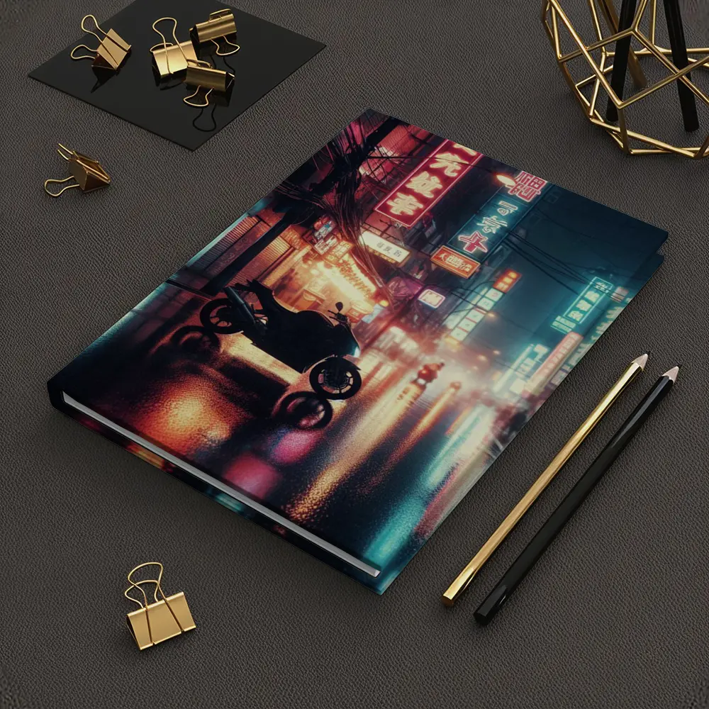 Motorcycle Parked Rainy Asian Neon City Street – Notebooks