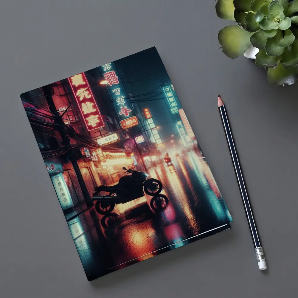 Motorcycle Parked Rainy Asian Neon City Street – Notebooks
