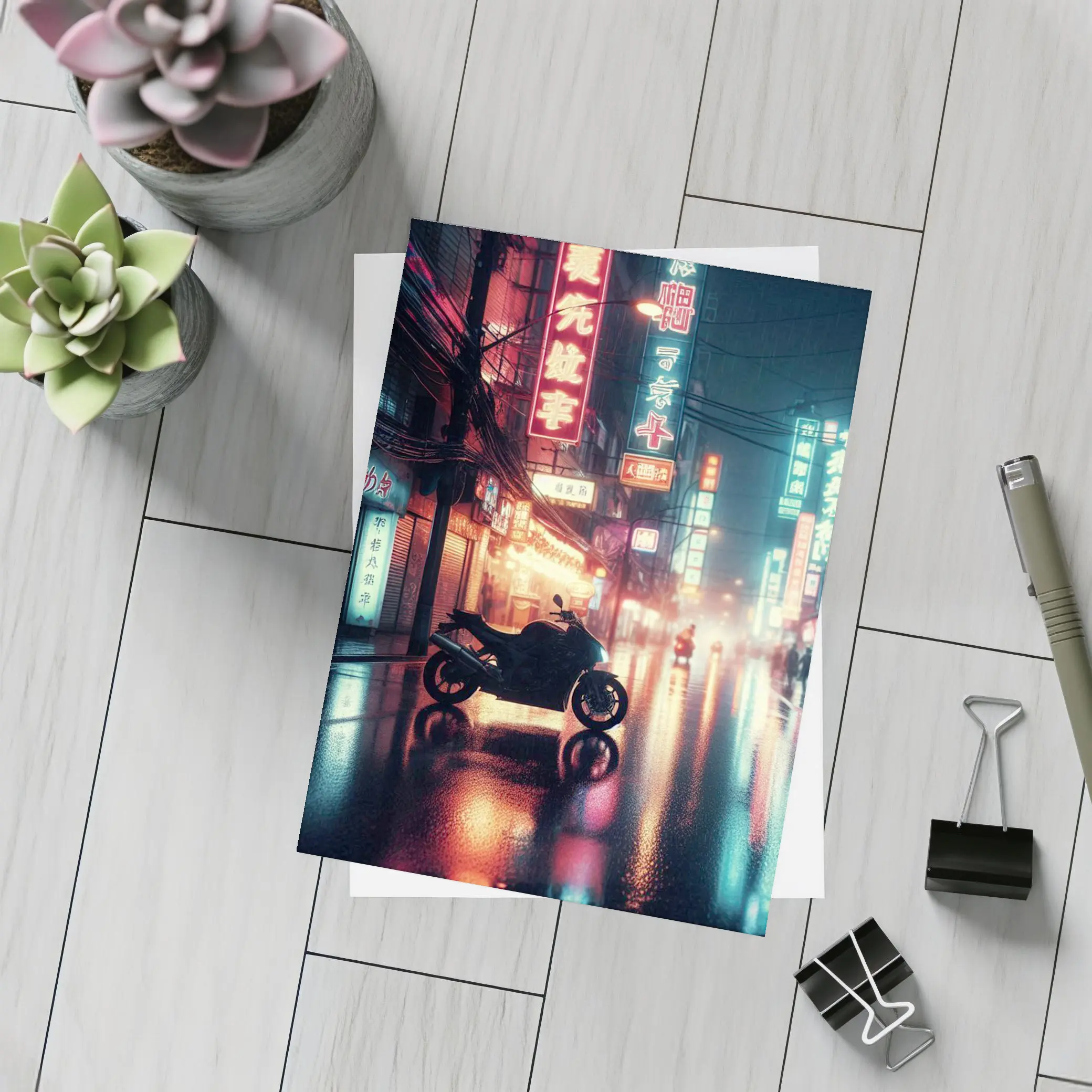 Motorcycle Parked Rainy Asian Neon City Street – Postcards