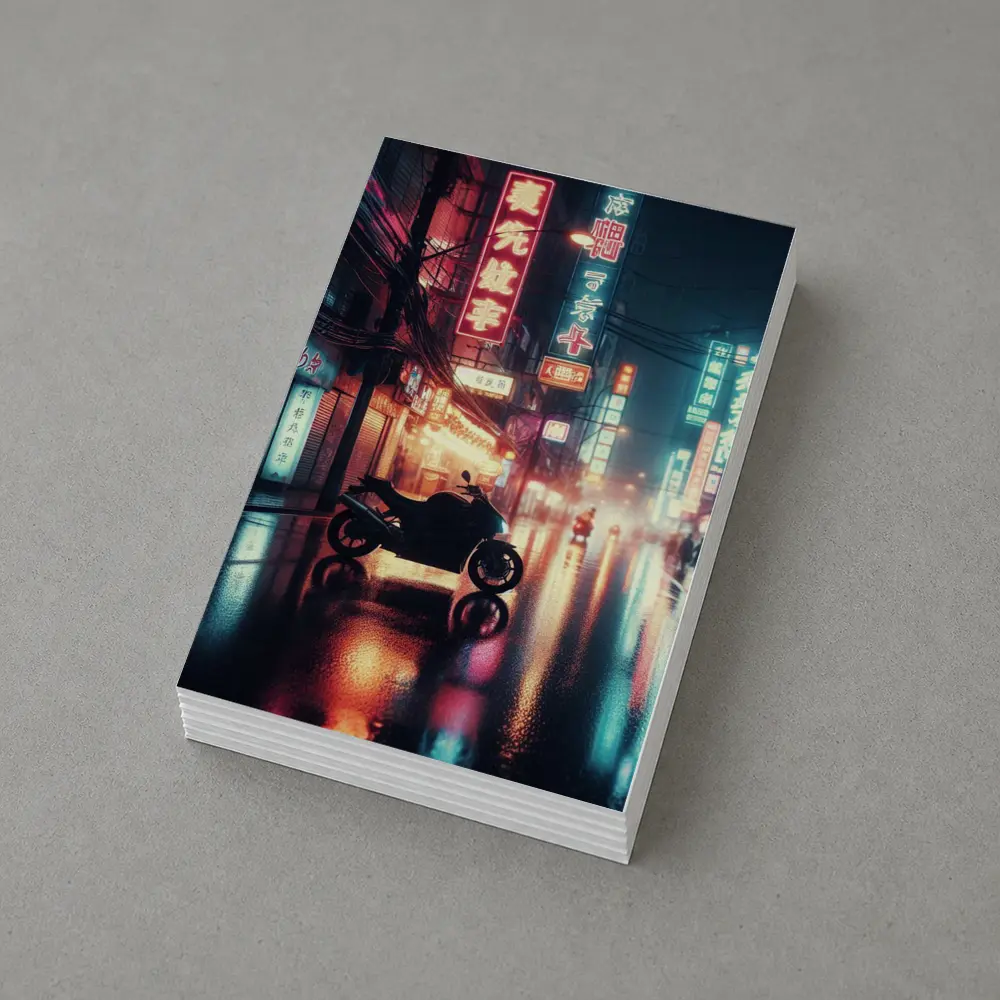 Motorcycle Parked Rainy Asian Neon City Street – Postcards