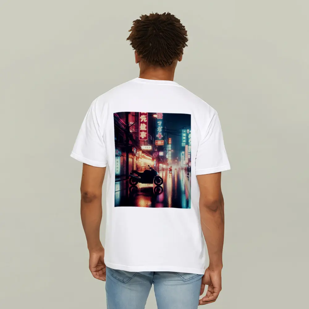 Motorcycle Parked Rainy Asian Neon City Street – T-Shirts