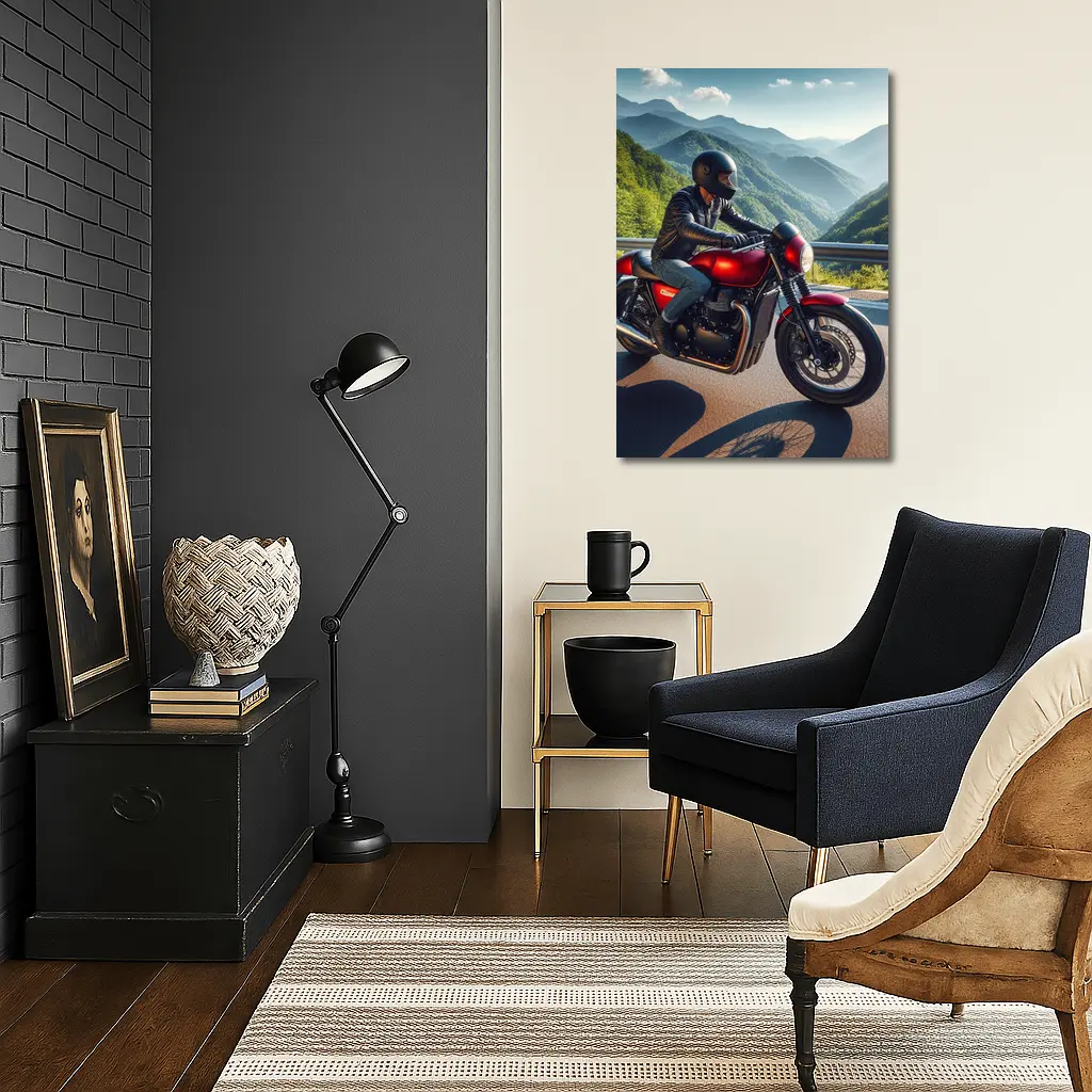 Red Cafe Racer Motorcycle Mountain Road Ride – Wall Art
