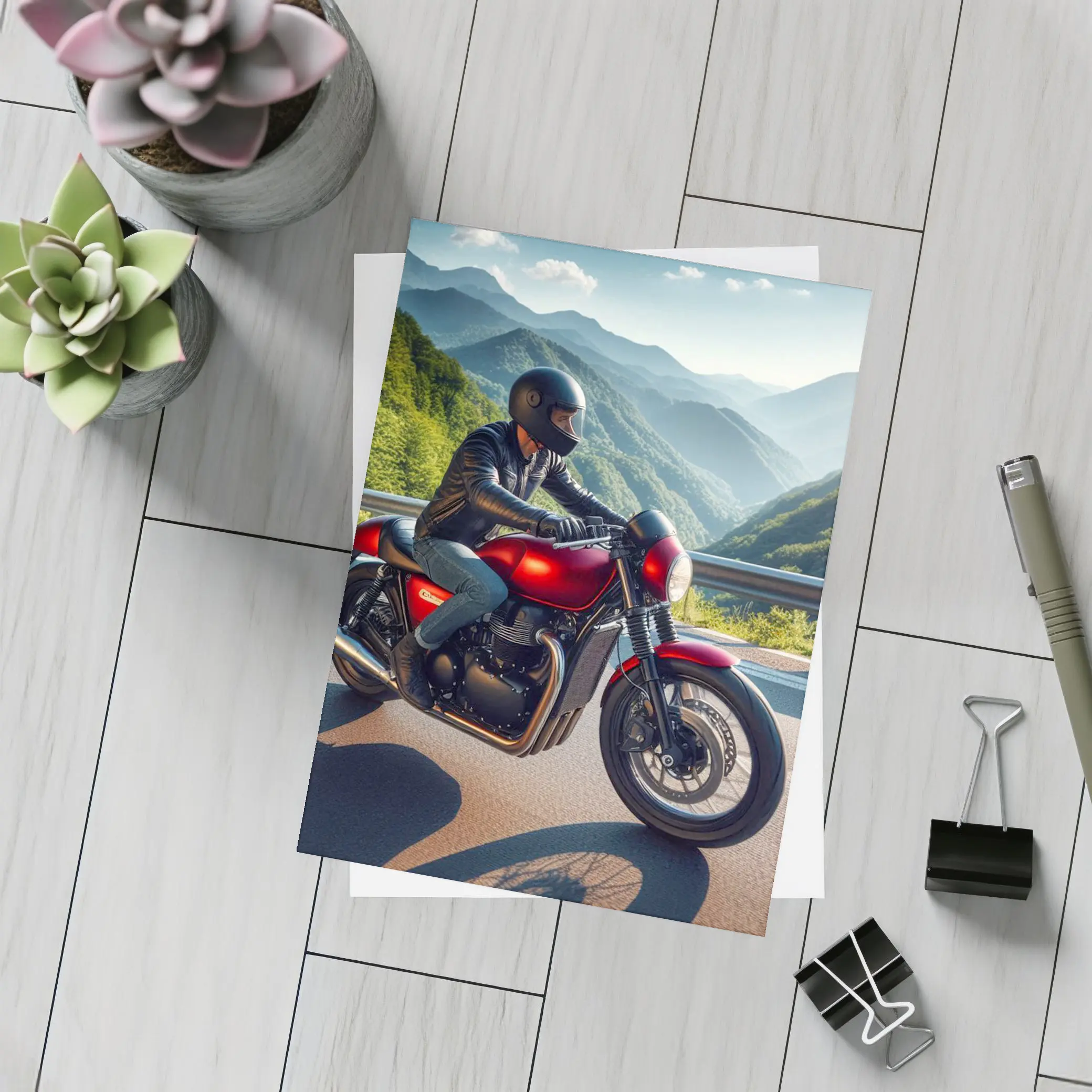 Red Cafe Racer Motorcycle Mountain Road Ride – Postcards