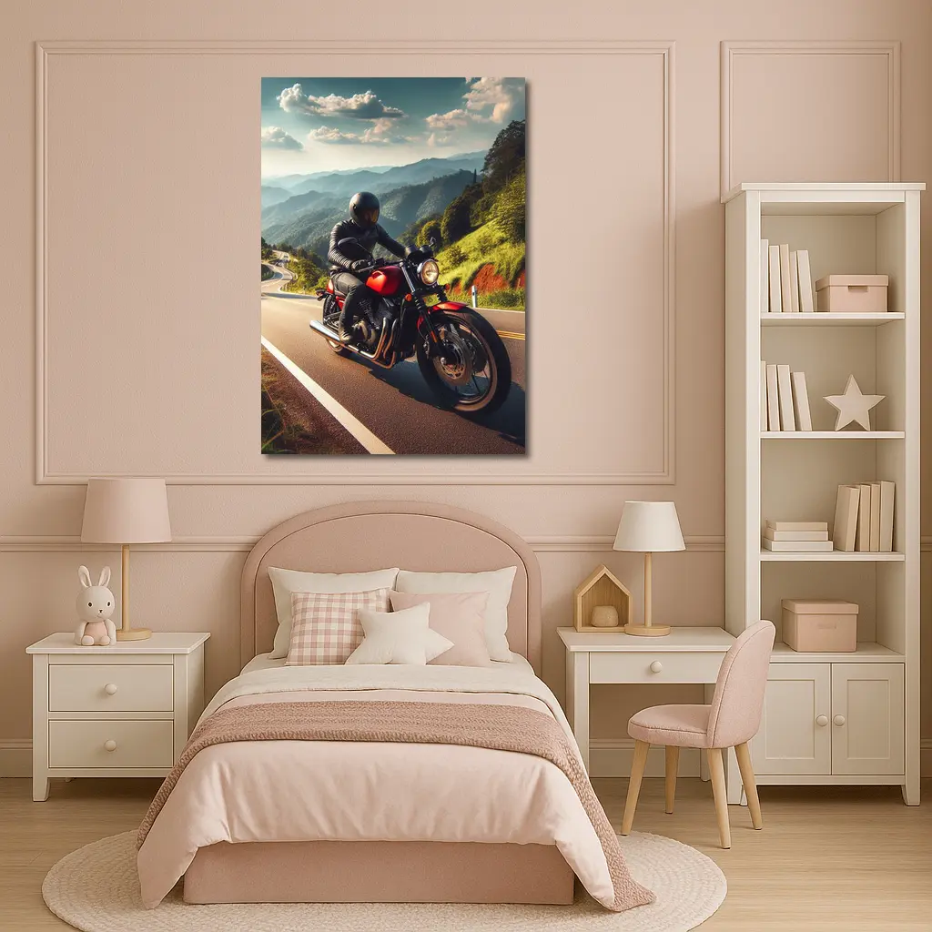Red Cafe Racer Motorcycle Mountain Road Ride – Wall Art