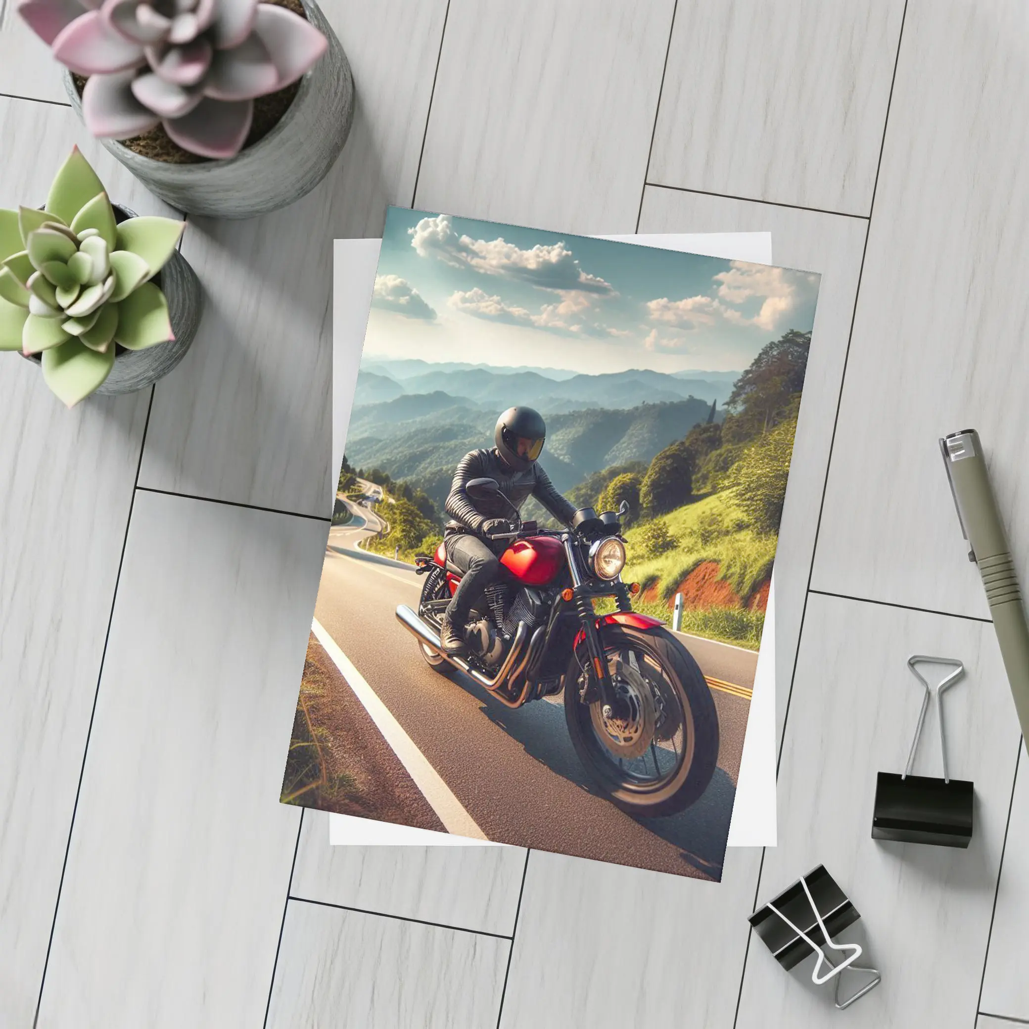 Red Cafe Racer Motorcycle Mountain Road Ride – Postcards