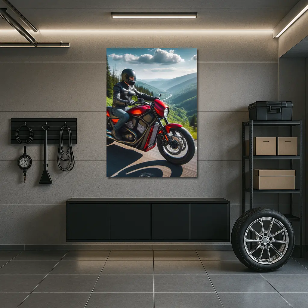 Red Cruiser Motorcycle Rider Mountain Road – Wall Art