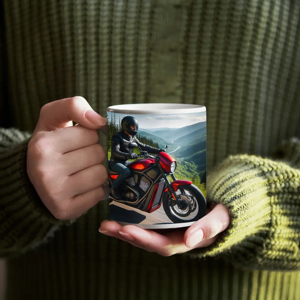 Red Cruiser Motorcycle Rider Mountain Road – Mugs