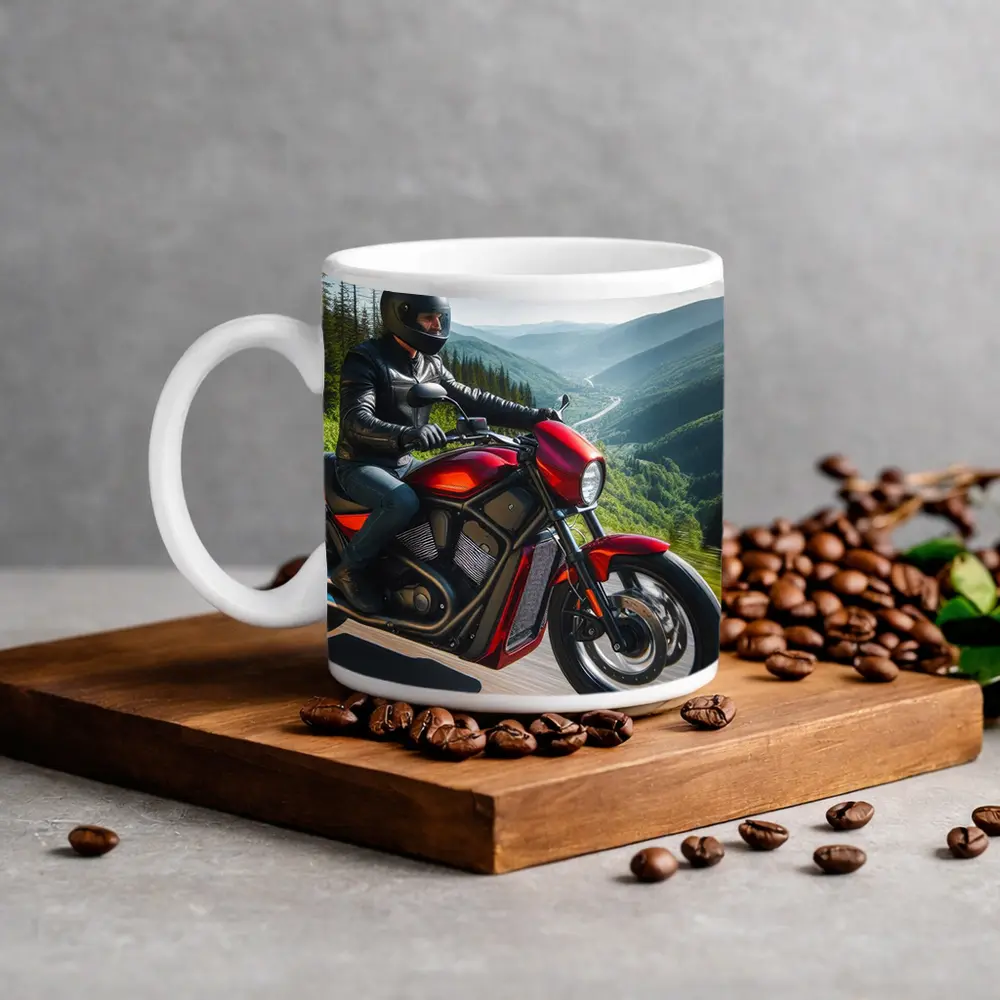 Red Cruiser Motorcycle Rider Mountain Road – Mugs