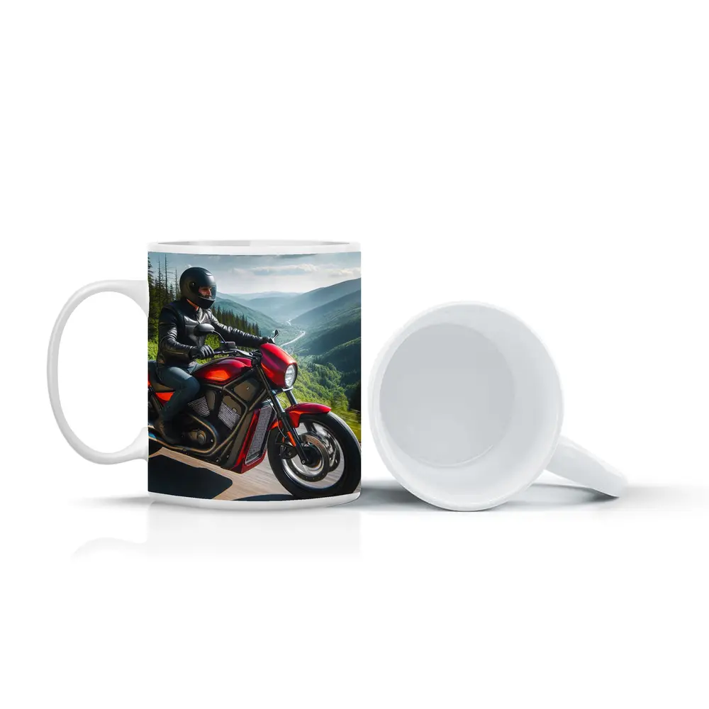 Red Cruiser Motorcycle Rider Mountain Road – Mugs