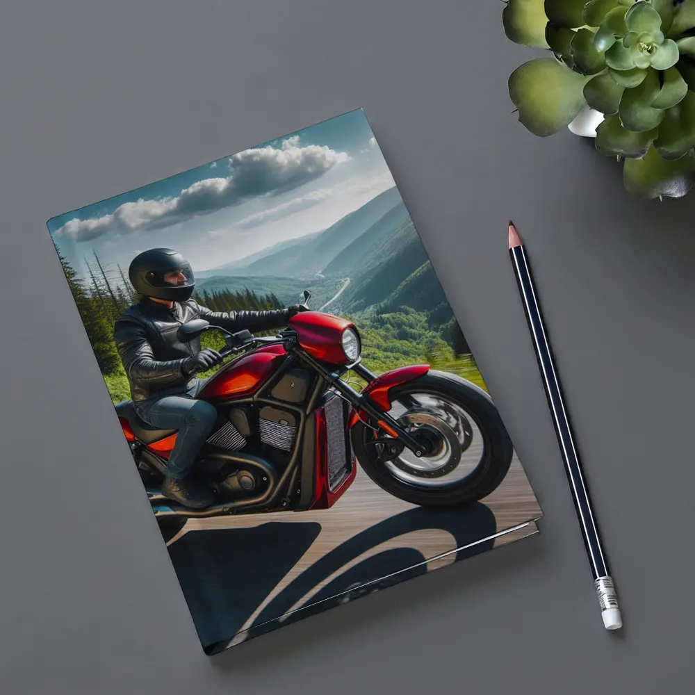 Red Cruiser Motorcycle Rider Mountain Road – Notebooks