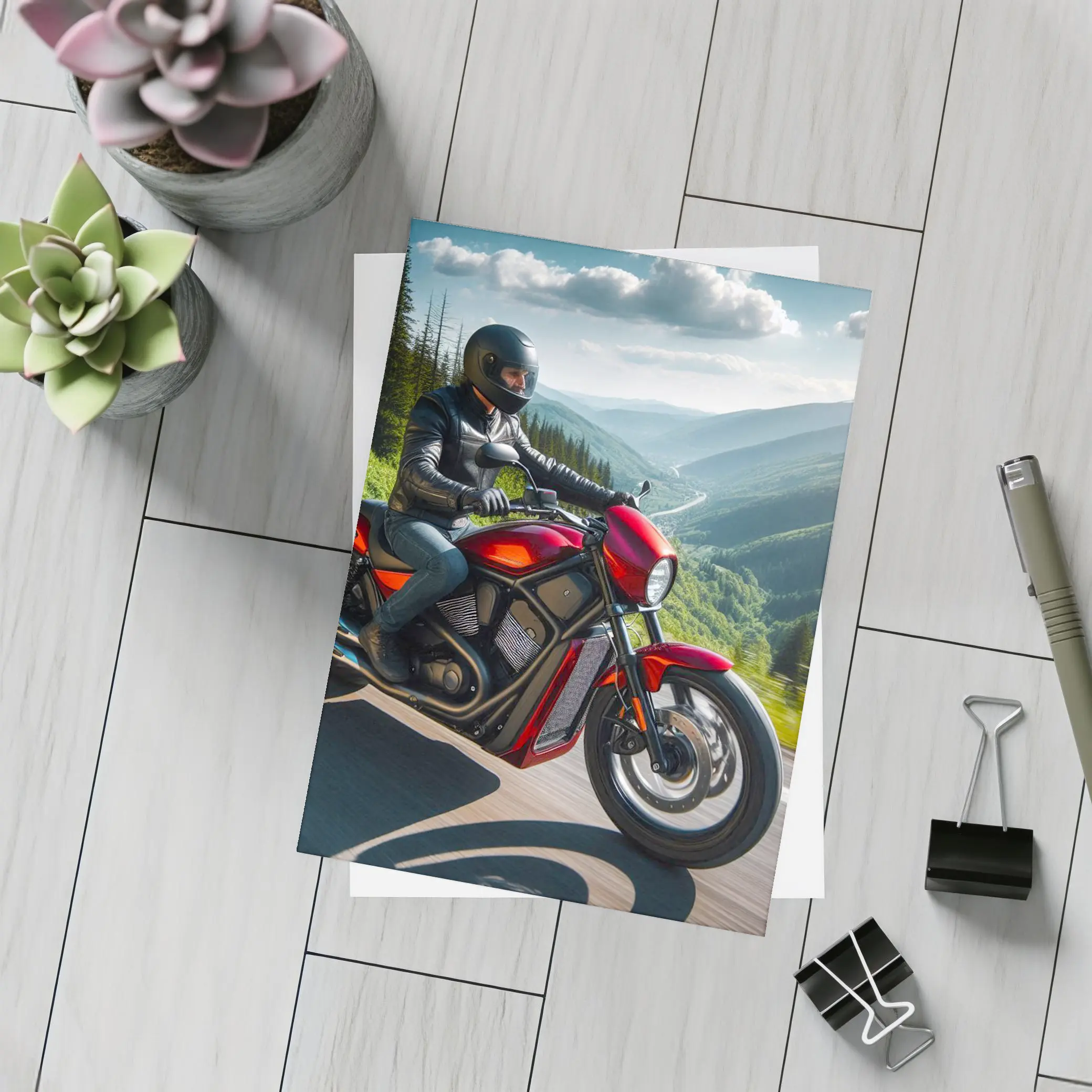 Red Cruiser Motorcycle Rider Mountain Road – Postcards
