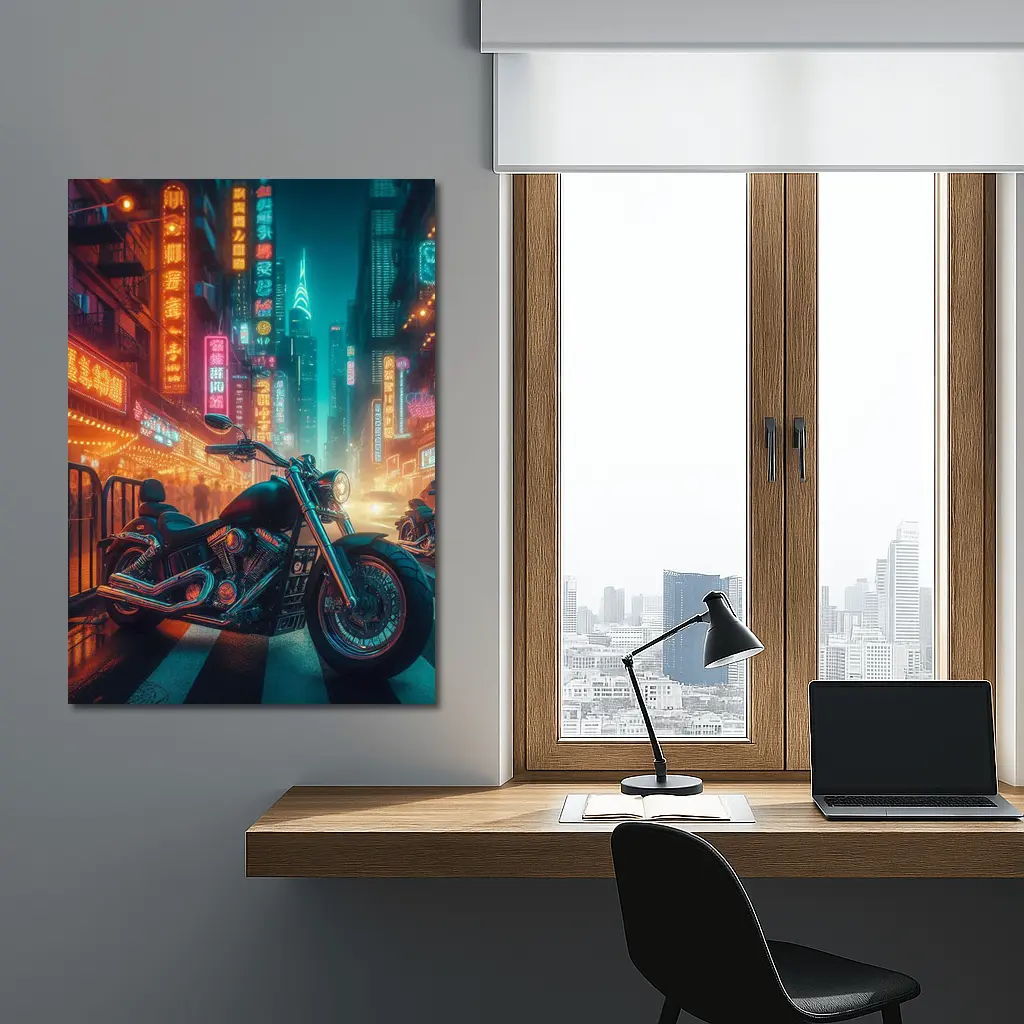 Chopper Motorcycle Neon City Street Night – Wall Art