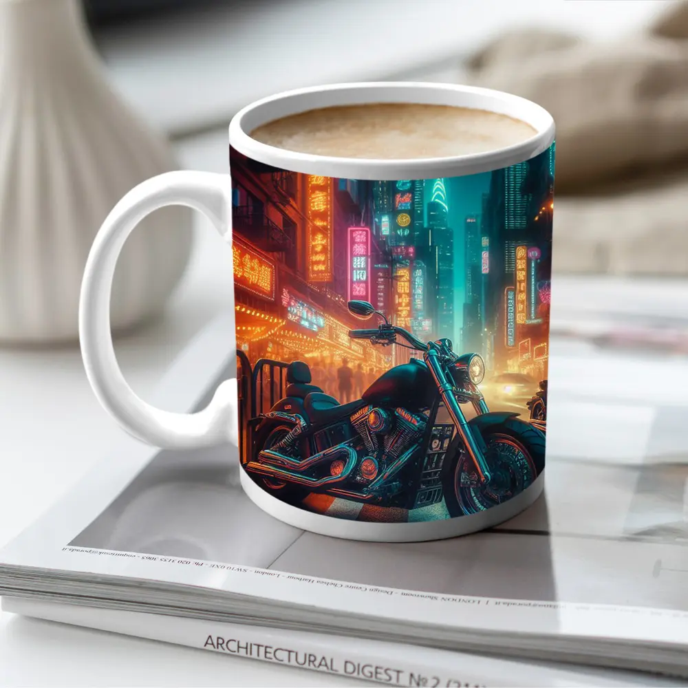 Chopper Motorcycle Neon City Street Night – Mugs