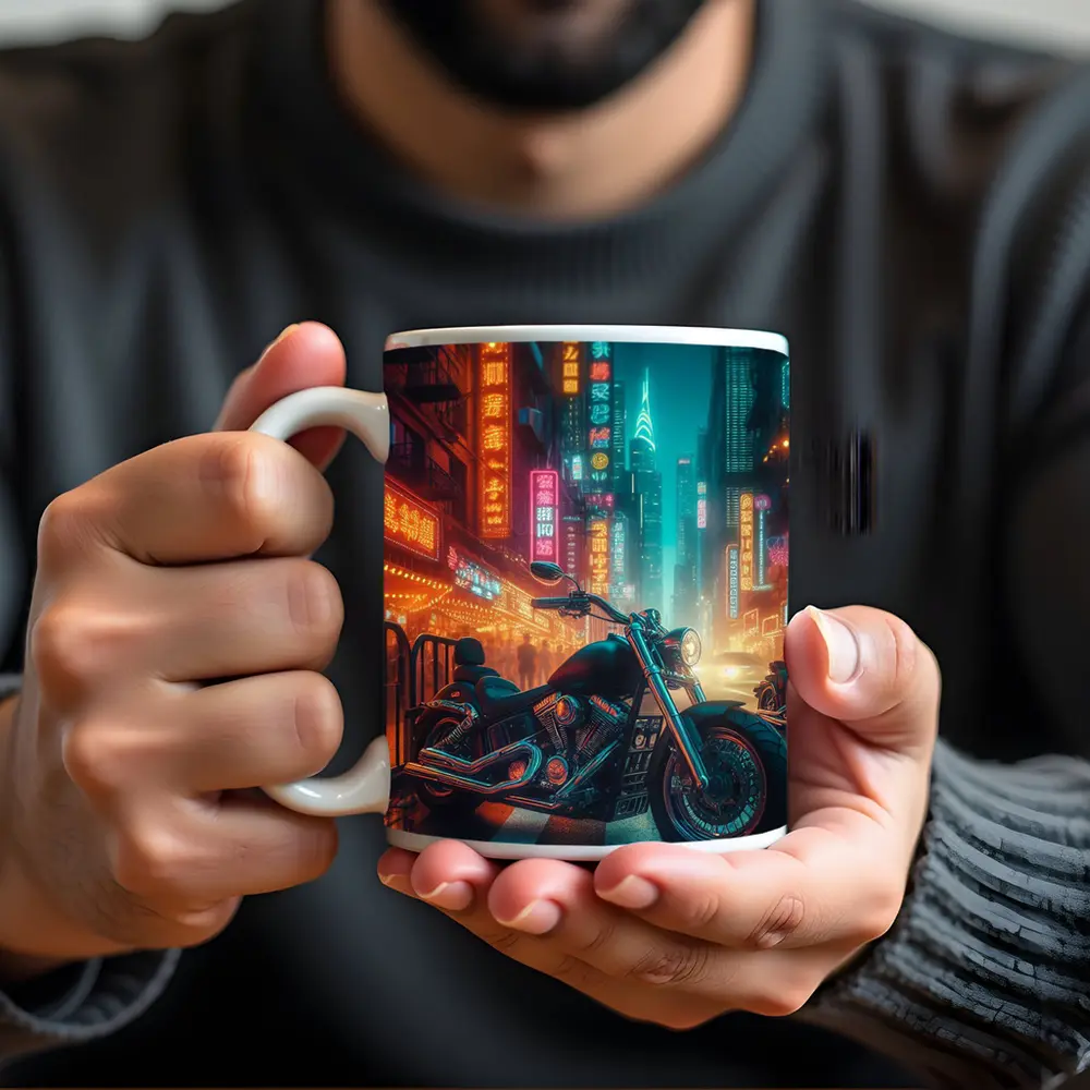 Chopper Motorcycle Neon City Street Night – Mugs