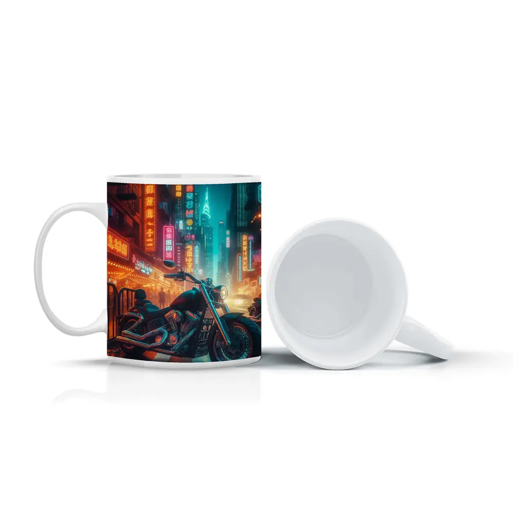 Chopper Motorcycle Neon City Street Night – Mugs