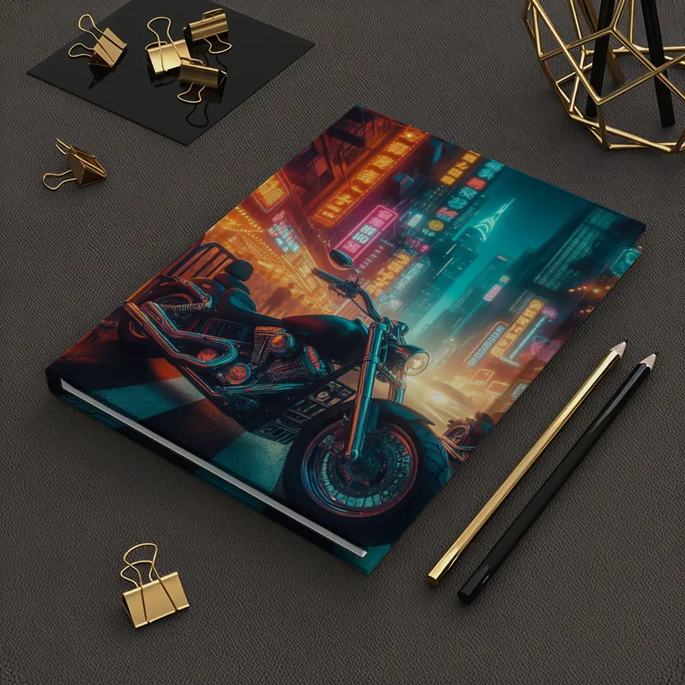 Chopper Motorcycle Neon City Street Night – Notebooks
