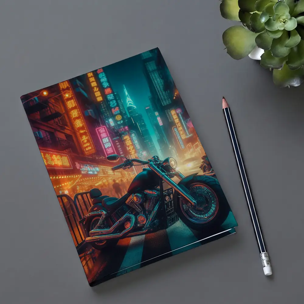 Chopper Motorcycle Neon City Street Night – Notebooks